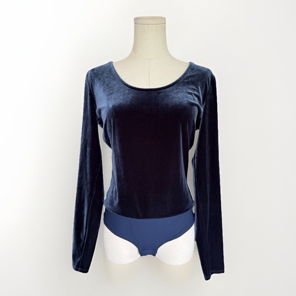 J. CREW Velvet Bodysuit M Navy Blue Long Sleeve Scoop Neck Stretch Minimalist